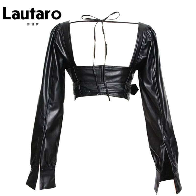 Lautaro Y2k Black Faux Leather Crop Top Women Square Neck Long Sleeve Zipper Cropped Jacket 2021 Sexy Backless Fashion 5Xl 6Xl