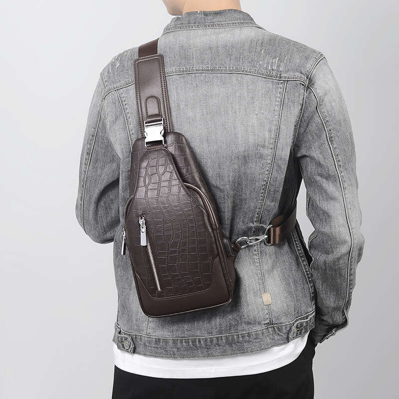 TAURUSCIAGA Men's Genuine Leather Chest USB Charging Crossbody Bag Multifunctional Cowhide Business Crocodile Pattern Front Backpack for Men