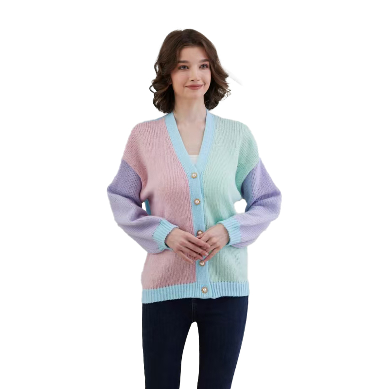 Fashion sweater cardigan autumn new female V-neck contrast stitching loose coat knitted sweater