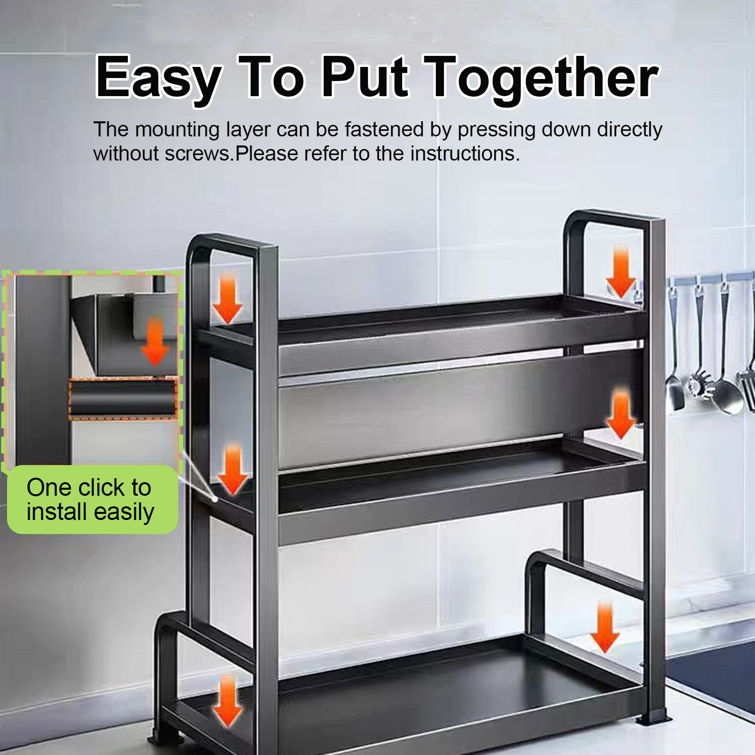 1pc Steel Multi-Tier Kitchen Organizer Rack Set - Space-Saving Countertop Storage With Hangers, Utensil Holder, Cutting Board Rack, Under Sink Shelf