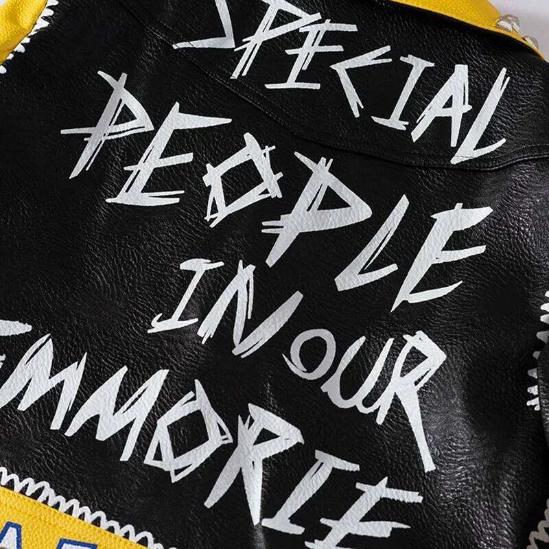 Graffiti Print Faux Motorcycle Jackets For Women 2025 New Trend Streetwear Slim Short Punk Studded Leather Jacket S-Xxxl