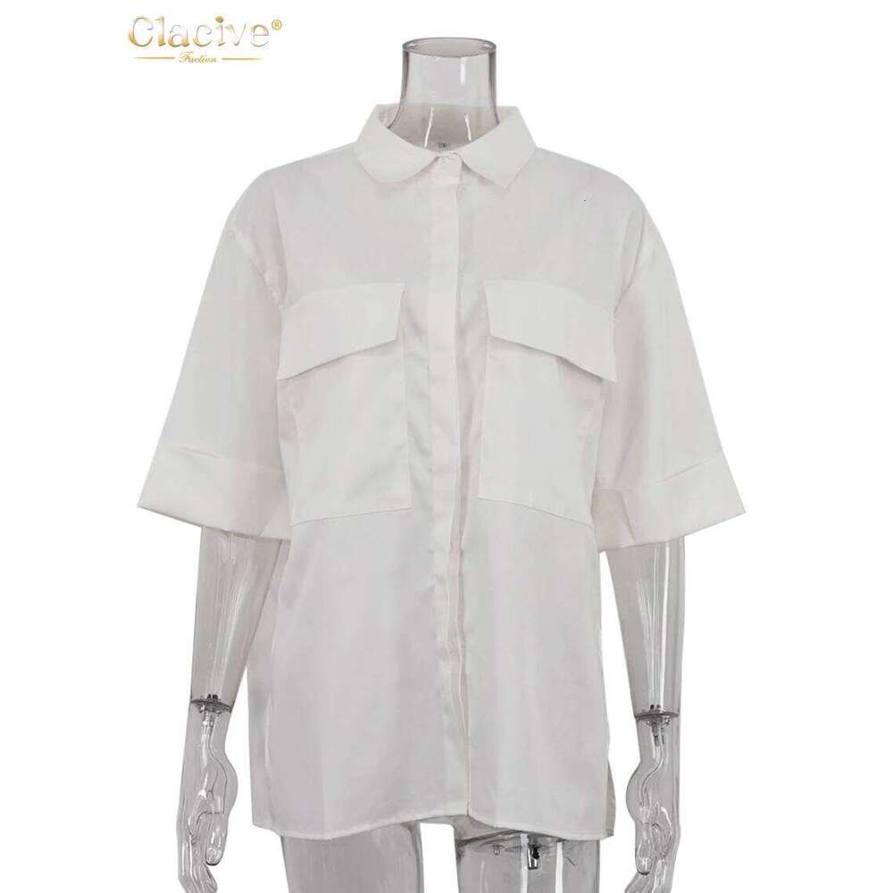 Clacive Fashion Loose White Cotton Women's Blouse Casual Lapel Short Sleeve Shirts Elegant Classic Pockets Tops Female Clothing