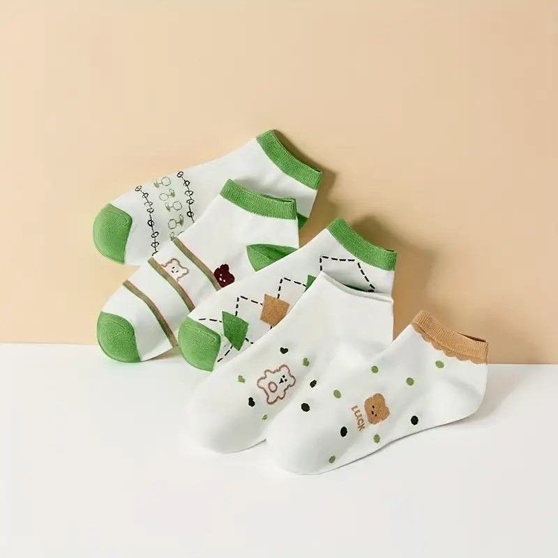 Soft Japanese Cartoon Geometric Low-Cut Boat Socks - Breathable Fabric Green Accents