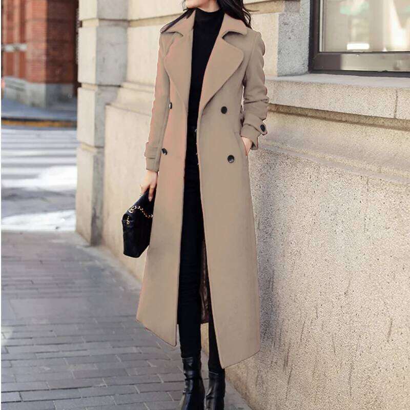 Winter Women's Coat Woolen Long Trench Outerwears Double-Breasted Coats Belt Lapel Warm Streetwear Temperament Tops Jacket S-3Xl