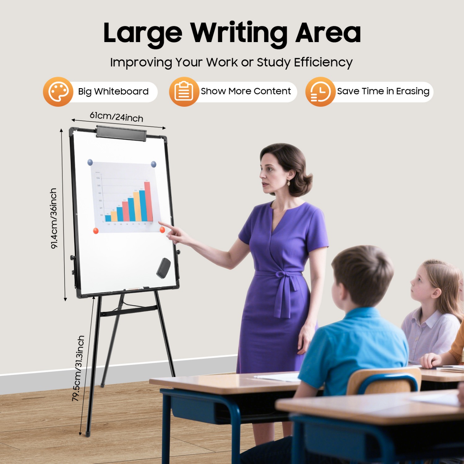 36" x 24" Magnetic Dry Erase Board - Adjustable Height Whiteboard Easel in Black, Portable Standing Flipchart for Office, Classroom or Home Use