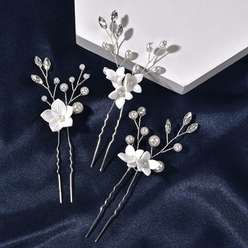 3PCS Flower Hairpin Bride Headdress For Women Pearl Mesh U-shaoped Hair Clips Fashion Girls Wedding Hair Accessories Jewelry 250610