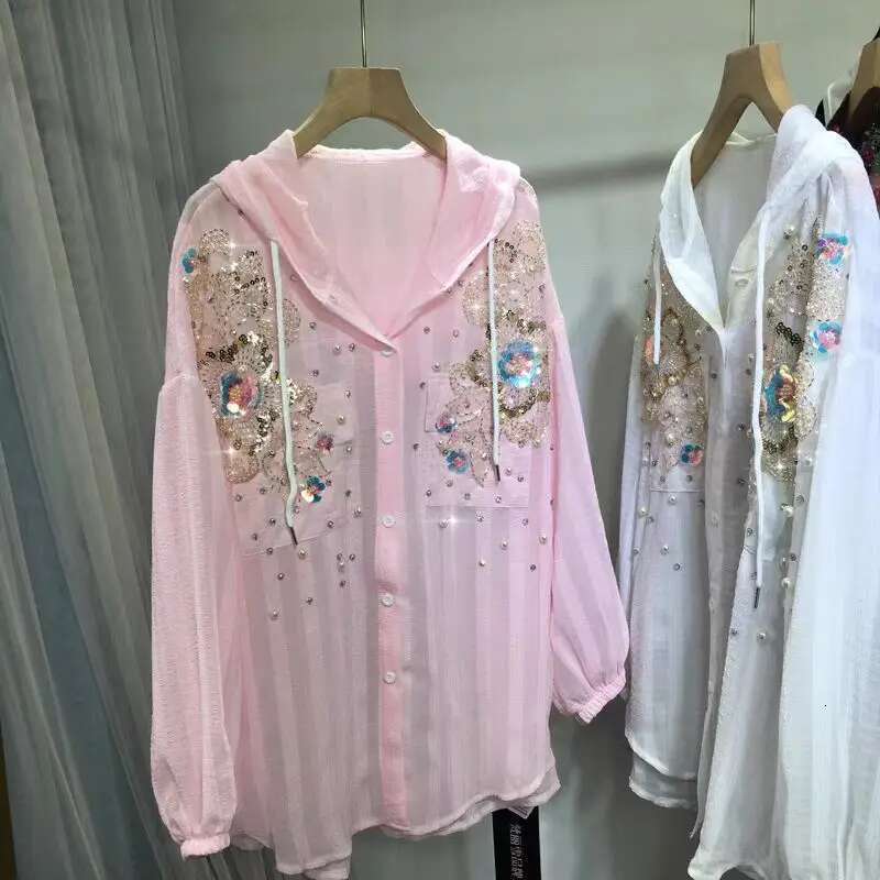 New 2025 Sparkle Pearls Sequins Oversize Buttons Up Hooded Sunscreen Shirts Blouses For Women Long Sleeve Tops