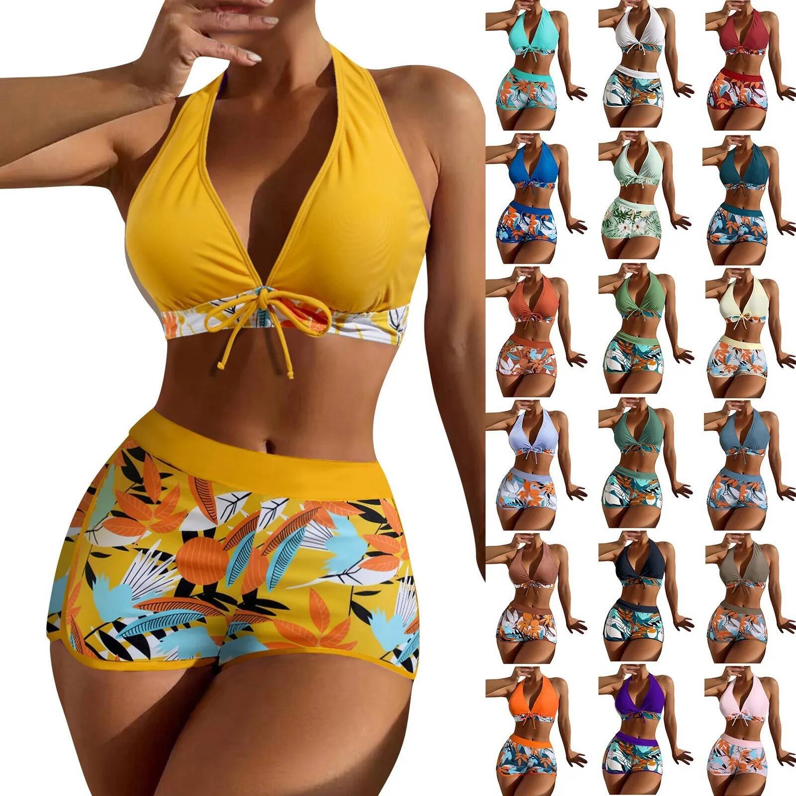 High Waist Bikini Set Paneled Printed Short Retro Fresh Leaf Print Hanging Neck Strap Swimsuit Two Piece Beachwear