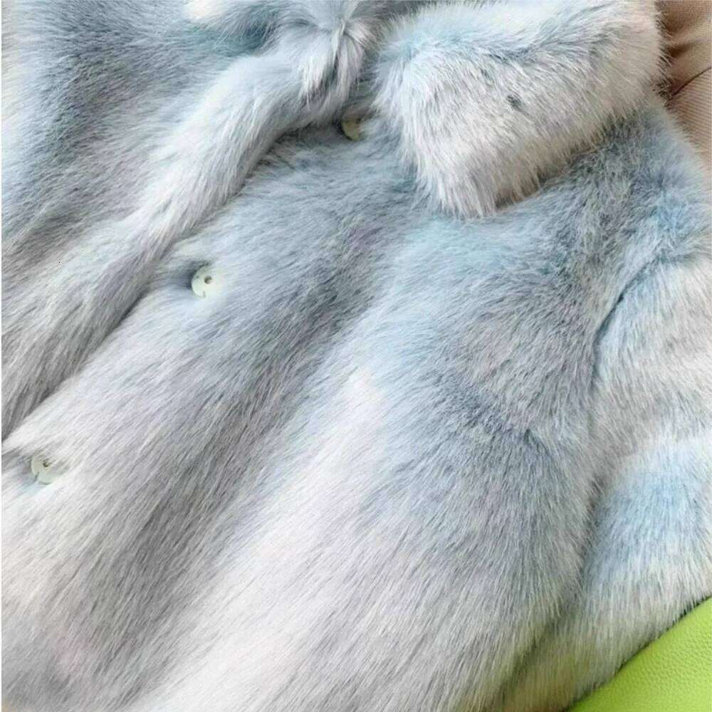 2024 Winter Light Ice blue Turn down Lapel Hairy Shaggy Faux Fur Coat Women Full Sleeve Furry Warm Jacket Short Outerwear