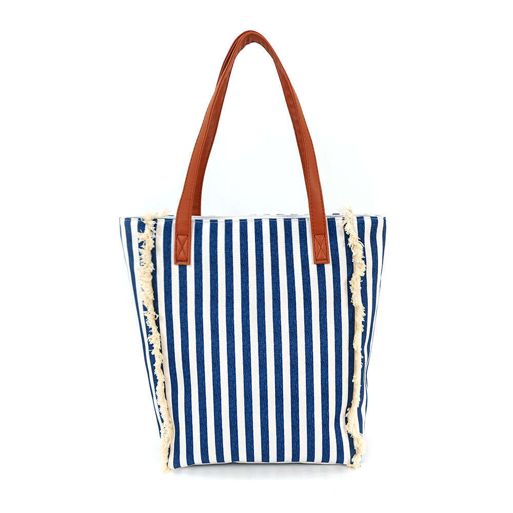 2024 Casual Style Beach Single Canvas Classic Striped Shoulder Large Capacity Shopping Bag