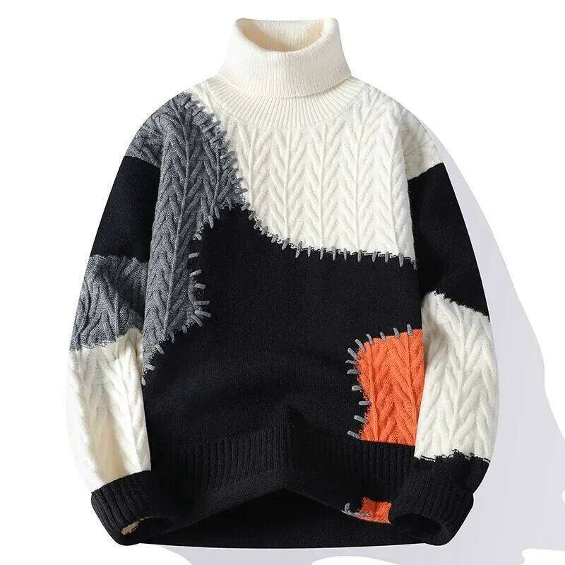 Autumn Winter Men's Fashion Patchwork Turtleneck Sweater Loose Casual Knitted Pullovers Men Youthful Vitality Knit Sweaters