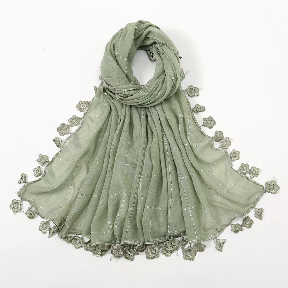 T934 new candy color tassel embroidered lace scarf cotton and linen feel silver sequins fashionable all-match headscarf shawl
