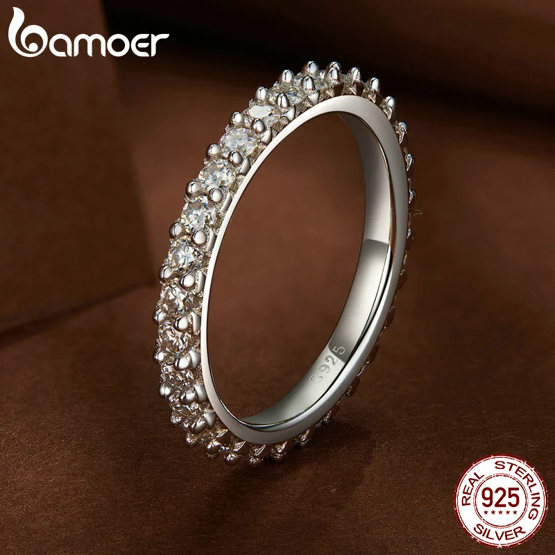 Bamoer TOP 925 Sterling Silver Moissanite Ring Stackable Finger Ring Fine Jewelry for Women Wedding Diamond Engagement Band MSR028