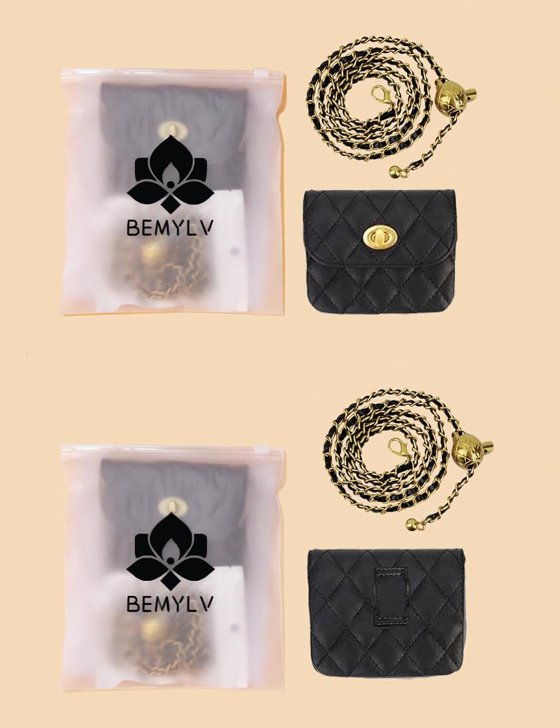 BEMY Leather Chain Belt Bag for Women Black Crossbody Waist Purse Fanny Pack Fashion Evening Clutch Mini Handbag Detachable