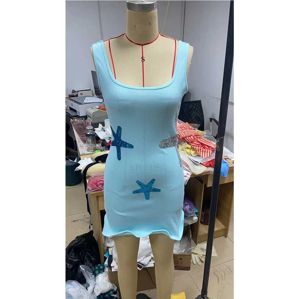 Chic Sparkling Starfish Ruffle Women Y2K Coquette Mini Dresses Elegant Sleeveless Backless Pleated Knit Dress Female Party Robe XJ250610