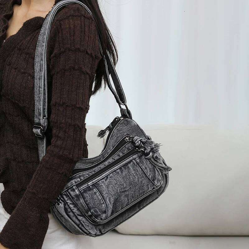 Women Retro Travel Sling Shoulder Casual Washed Denim Commuting Crossbody Bag Female Shopping Tote Handbags Large Day Pack