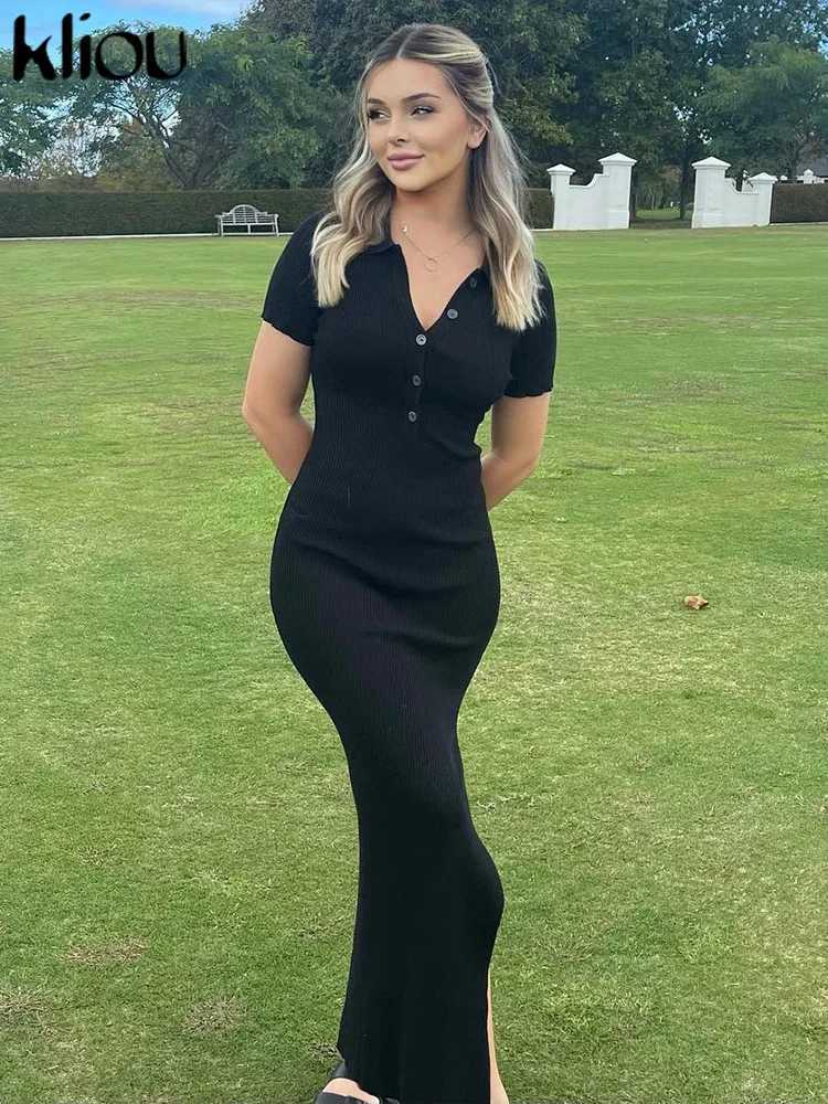 Kliou Elegant Office Lady Maxi Dress Women Solid Fashion Turn-down Collar Short Sleeve Button Side Slit Body-Shaping Street RobeXJ250610