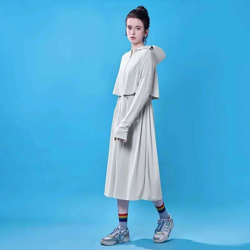 Korean Women Over The Knee Sunscreen Clothing Summer Lady Ice Silk Sun Protection Shirt Female Fashion Hooded Ultraviolet Proof
