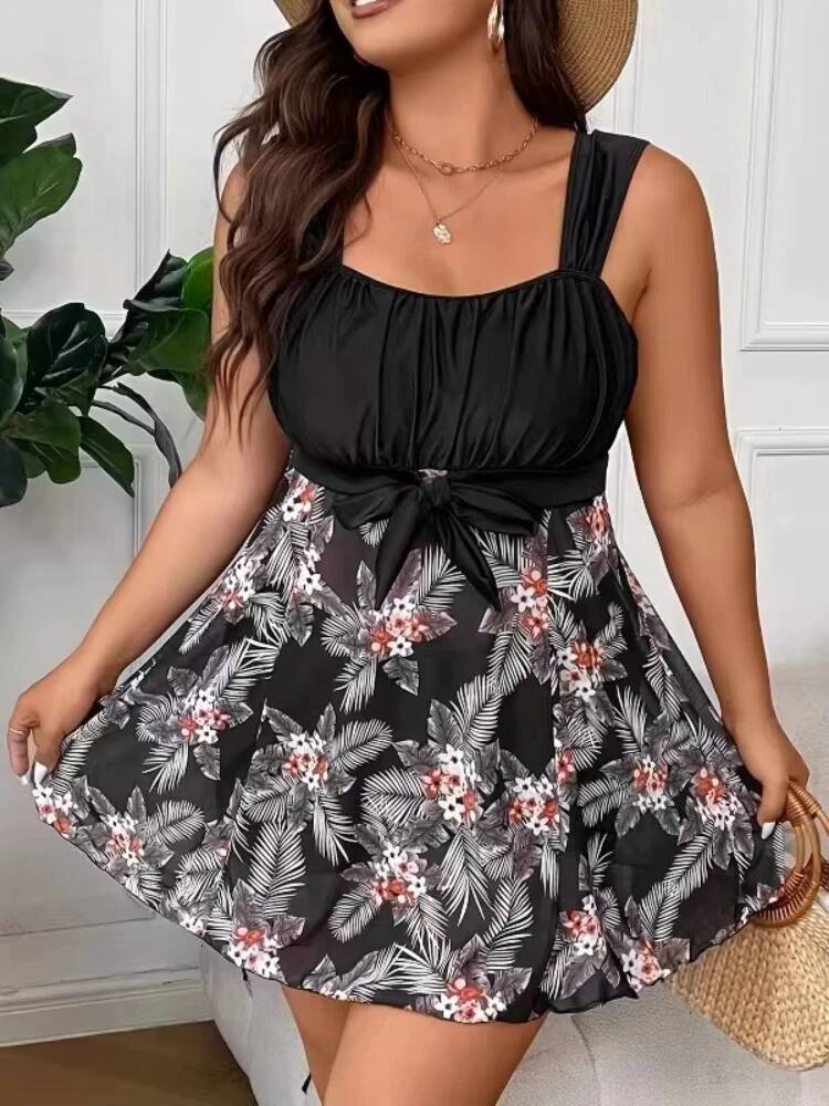 5XL Plus Size Swimdress High Waist Women Swimwear Push Up Bikini Sexy Black Mesh Swimsuit Bathing Suit Chubby Tankini Female