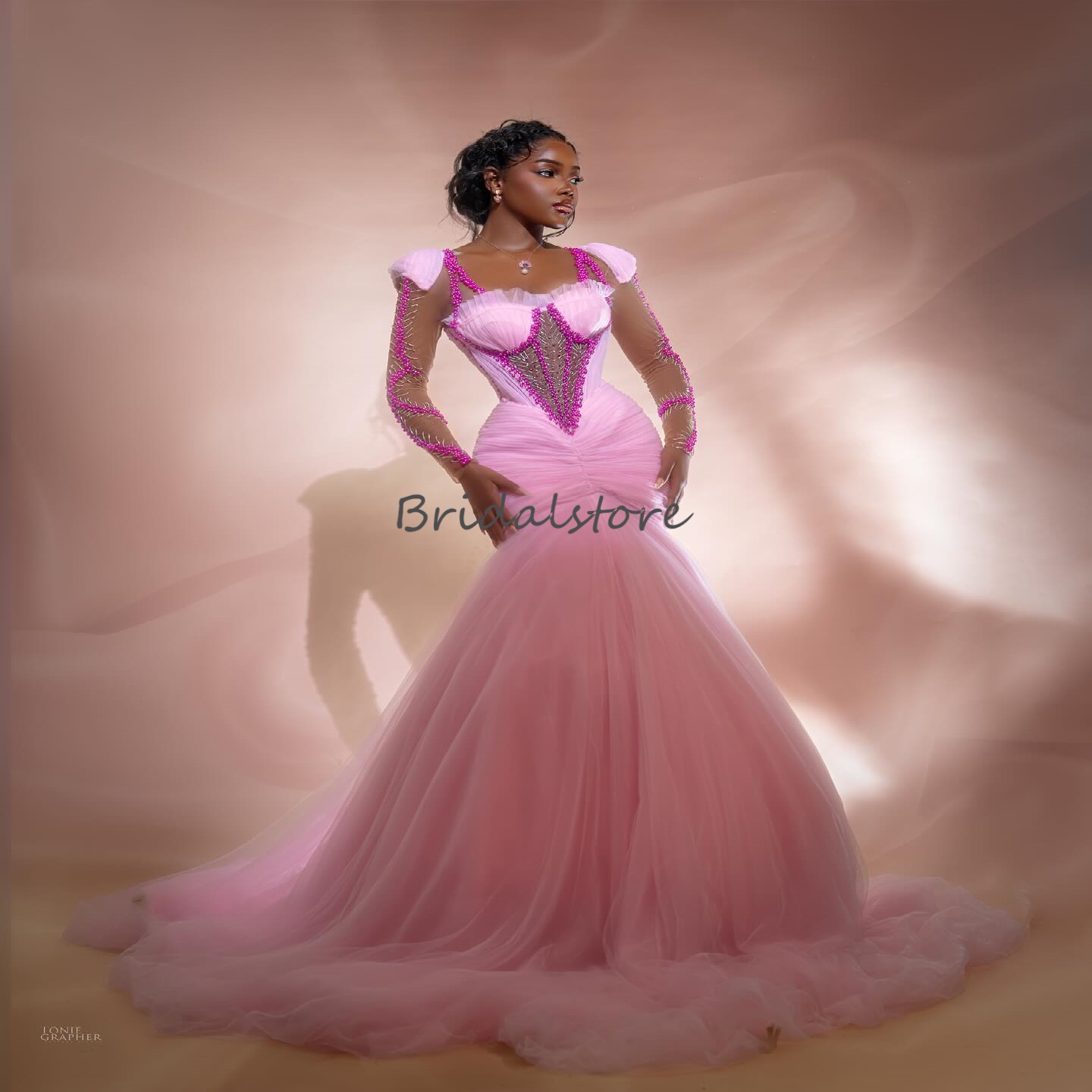 Luxury Pink Aso Ebi Prom Dress Charming Beaded Mermaid Evening Dress African Nigeria Tulle Birthday Dress Formal Vestio De Gala Party Dress 2025 Robe 