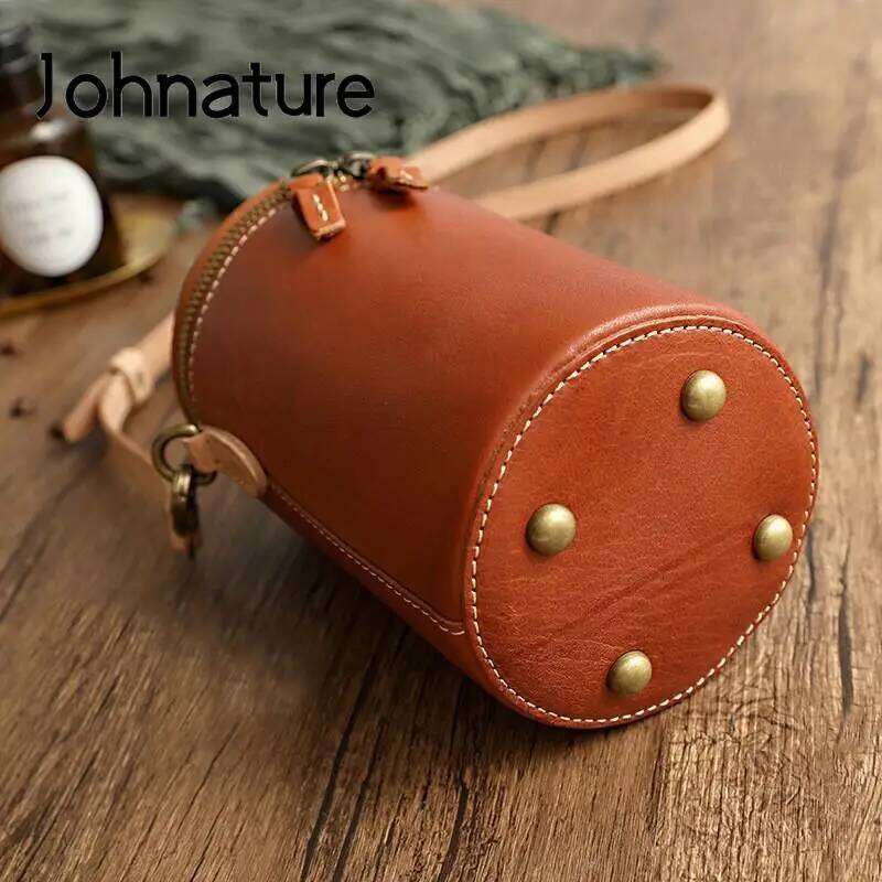 Johnature Simple Solid Color Bag Women 2025 New Genuine Leather Leisure Real Cowhide Barrel-Shaped Shoulder & Crossbody Bags