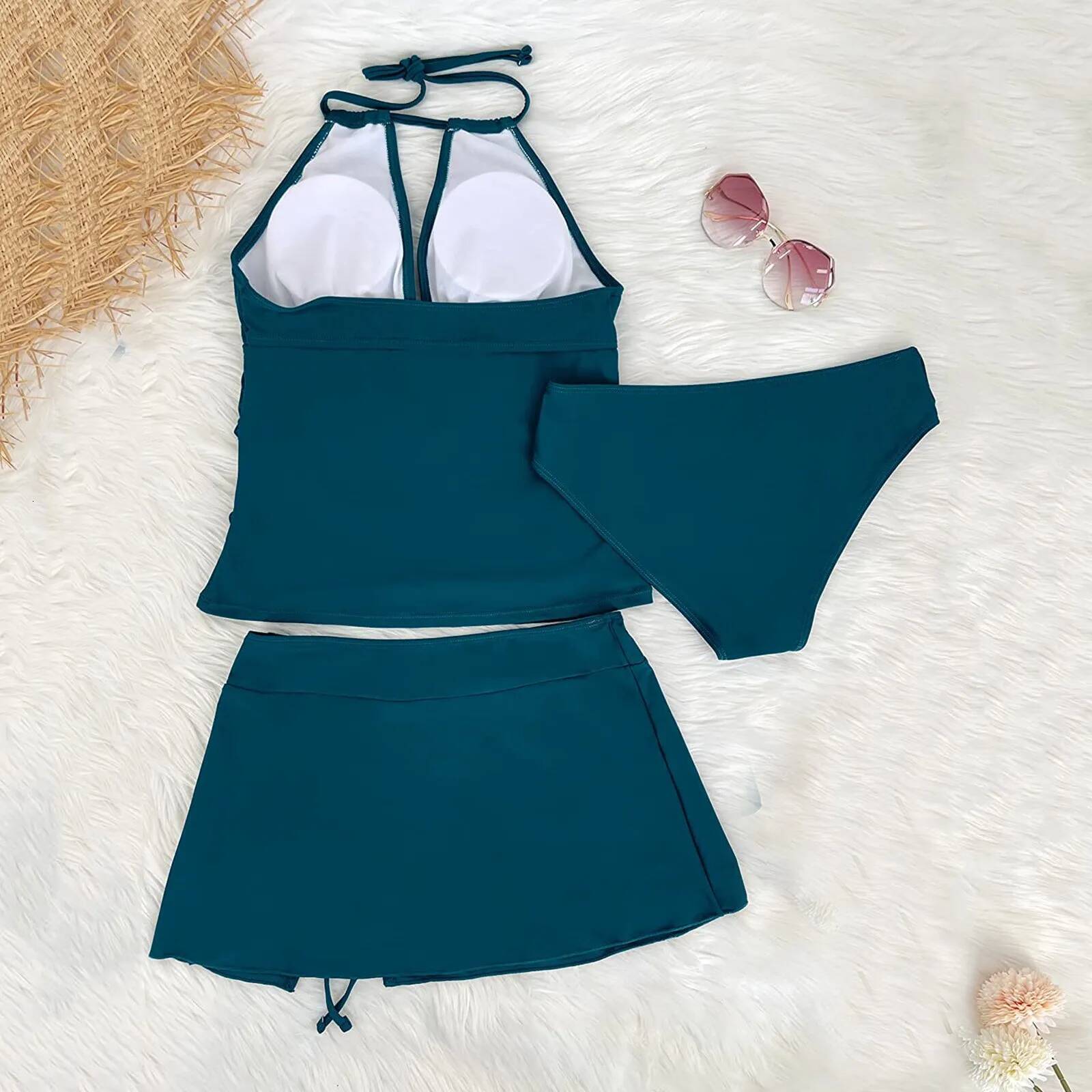 Bikini Women's 3 Piece Bathing Deep V Neck Halter Swimwear Top Solid Color Split Swimsuit Summer Beach Bathers Suit