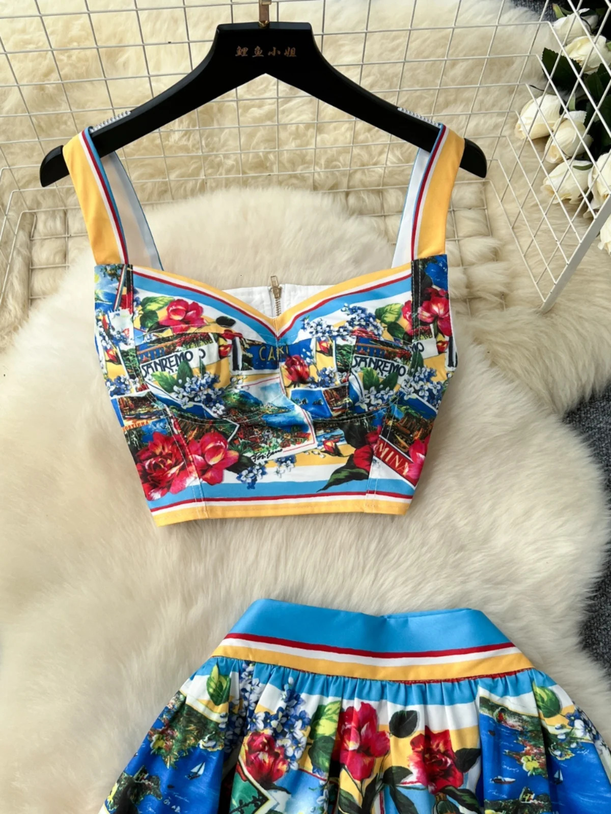 Fashion Summer Holiday Sexy Crop Tops And Mini Short Skirts 2pcs Outfits Womens Flower Print Two Piece Sets 250610
