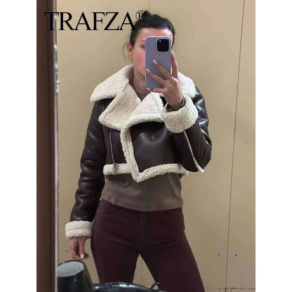 TRAFZA Women's Cropped Coat Black Wool Blends Coats Bomber Tweed Autumn Winter Leather Fur Crop Jacket
