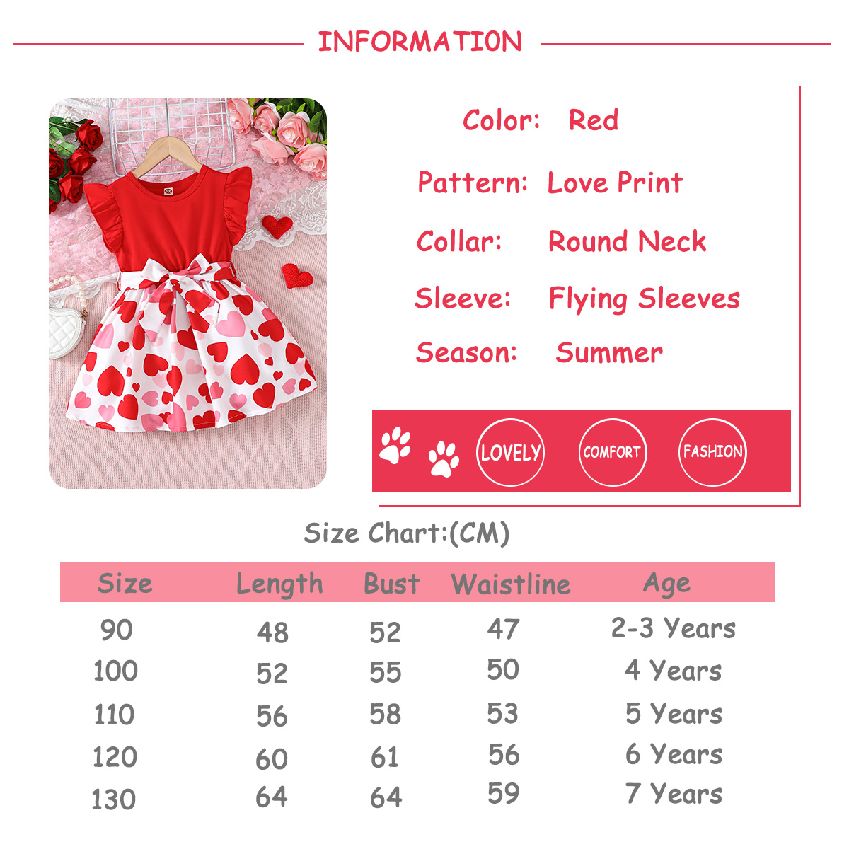 Round Neck Flying Sleeve Red Tunic With Heart Pattern For Teenage Girls In Summer