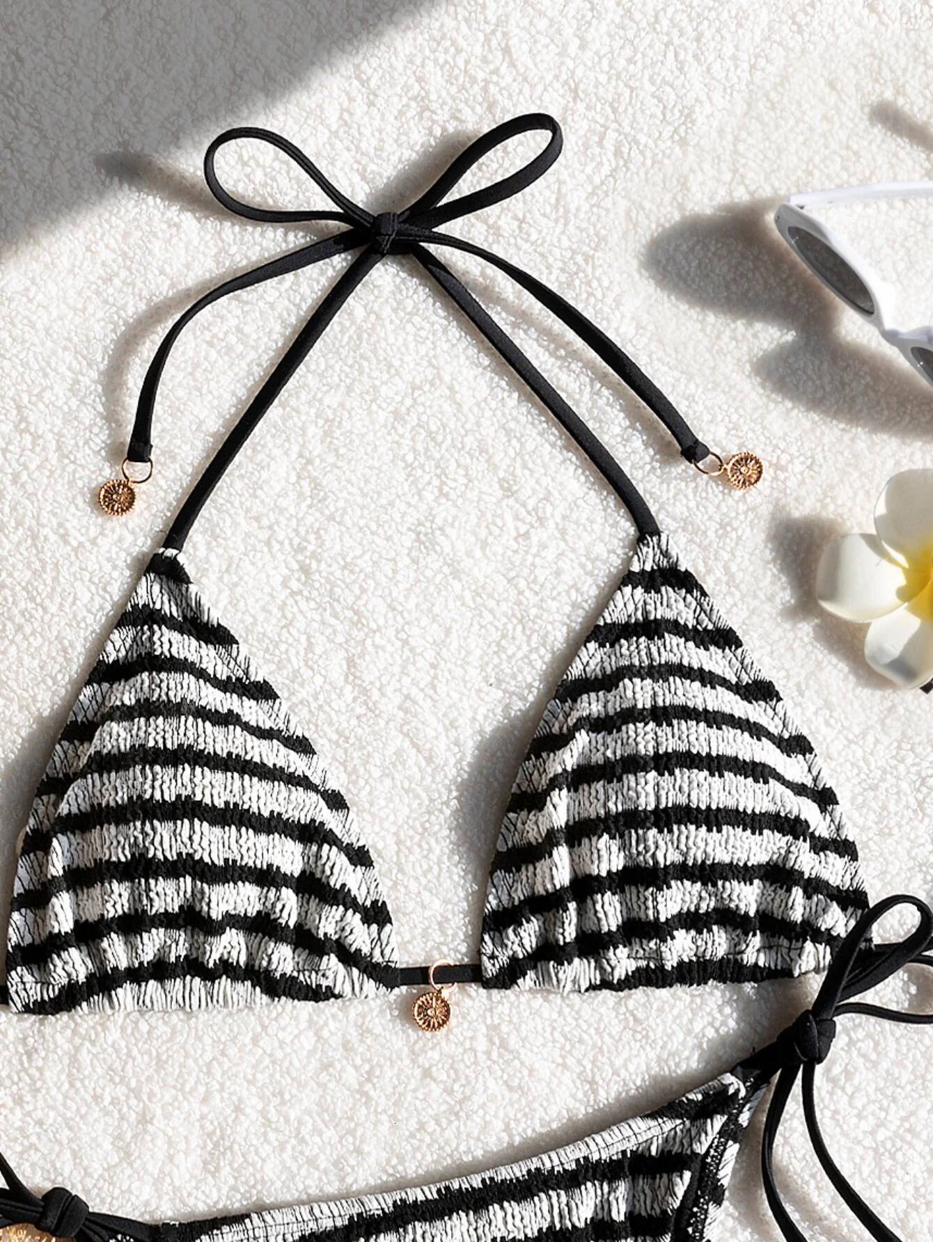 Ladies' striped and water ripple split sexy SexHy bikini swimsuit color blocking fashion high-end hot spring par