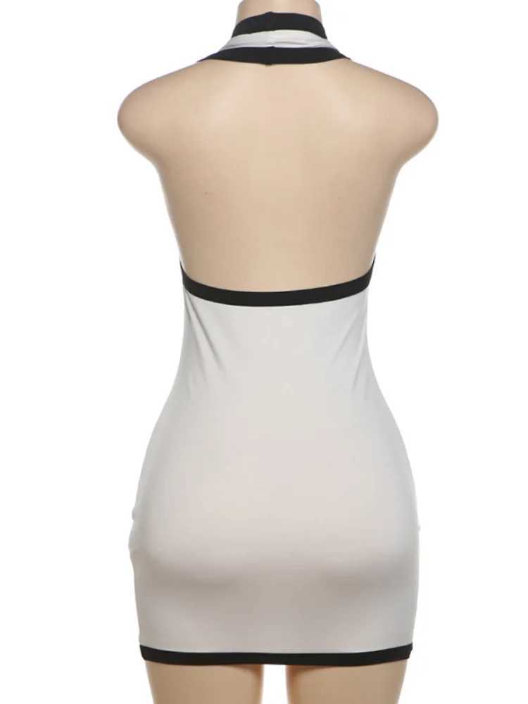 Sexy Deep V Neck Backless Halter Bodycon Dress Women Contrasting Striped Edge Skinny Mini Dress Elegant Club Party Dresses XJ250610