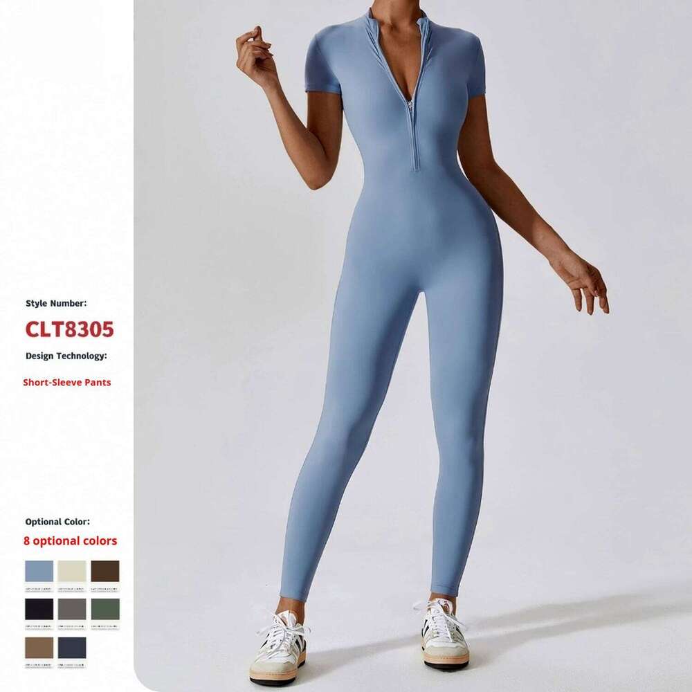 Zipper Short-sleeved Nude Yoga Jumpsuit Women Wear Bodybuilding Bodysuit