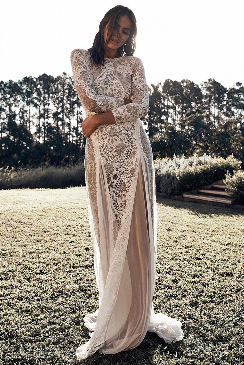 Vintage Summer A Line Women Wedding Dress Long Sleeves Backless Bridal Gowns Lace Sweep Train Dress