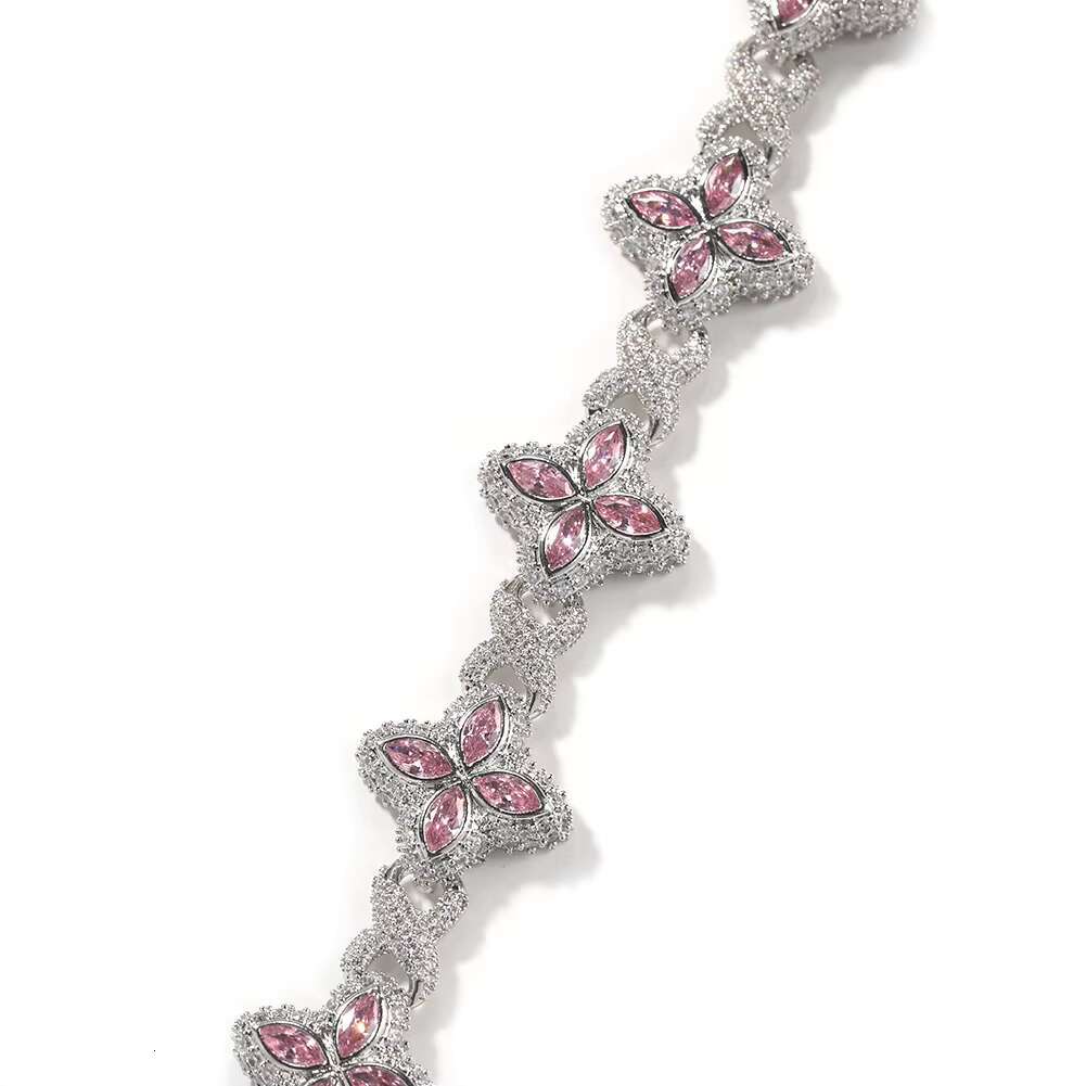 Pink Stone Clover Necklace Bracelet Jewelry Set Hip Hop Jewelry Famous Design Woman Necklace Clover Bracelet Cuban Chain