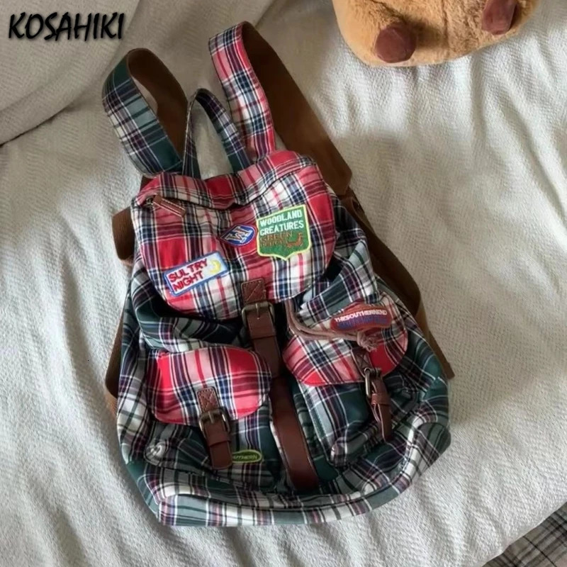 Vintage Plaid Casual Contrast Color Backpacks Preppy Streetwear Fashion Womens Bags Y2k Students Retro Ins All Match Schoolbags 250606