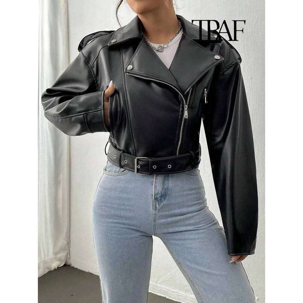 TRAF Women's Vintage Loose Belt Shoulder Badge Zipper Lapel Jacket Handsome Washed Leather Motorcycle Clothing