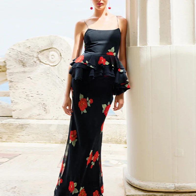 Printed Layered Pleated Top Half Skirt Women Set Sleeveless Slim Top Straight Tube Fishtail Skirts Summer Beach Vacation Suit 250609