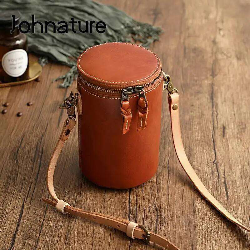 Johnature Simple Solid Color Bag Women 2025 New Genuine Leather Leisure Real Cowhide Barrel-Shaped Shoulder & Crossbody Bags