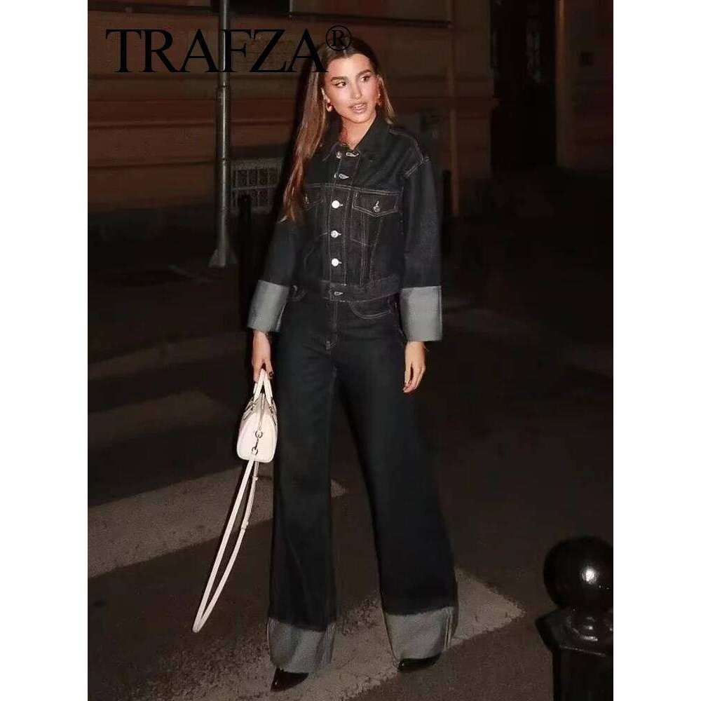 TEAFZA 2024 Vintage Women Patchwork Denim Jacket Pant Sets Long Sleeve Cropped Coat+High Waist Wide Leg Pants Streetwear Suit