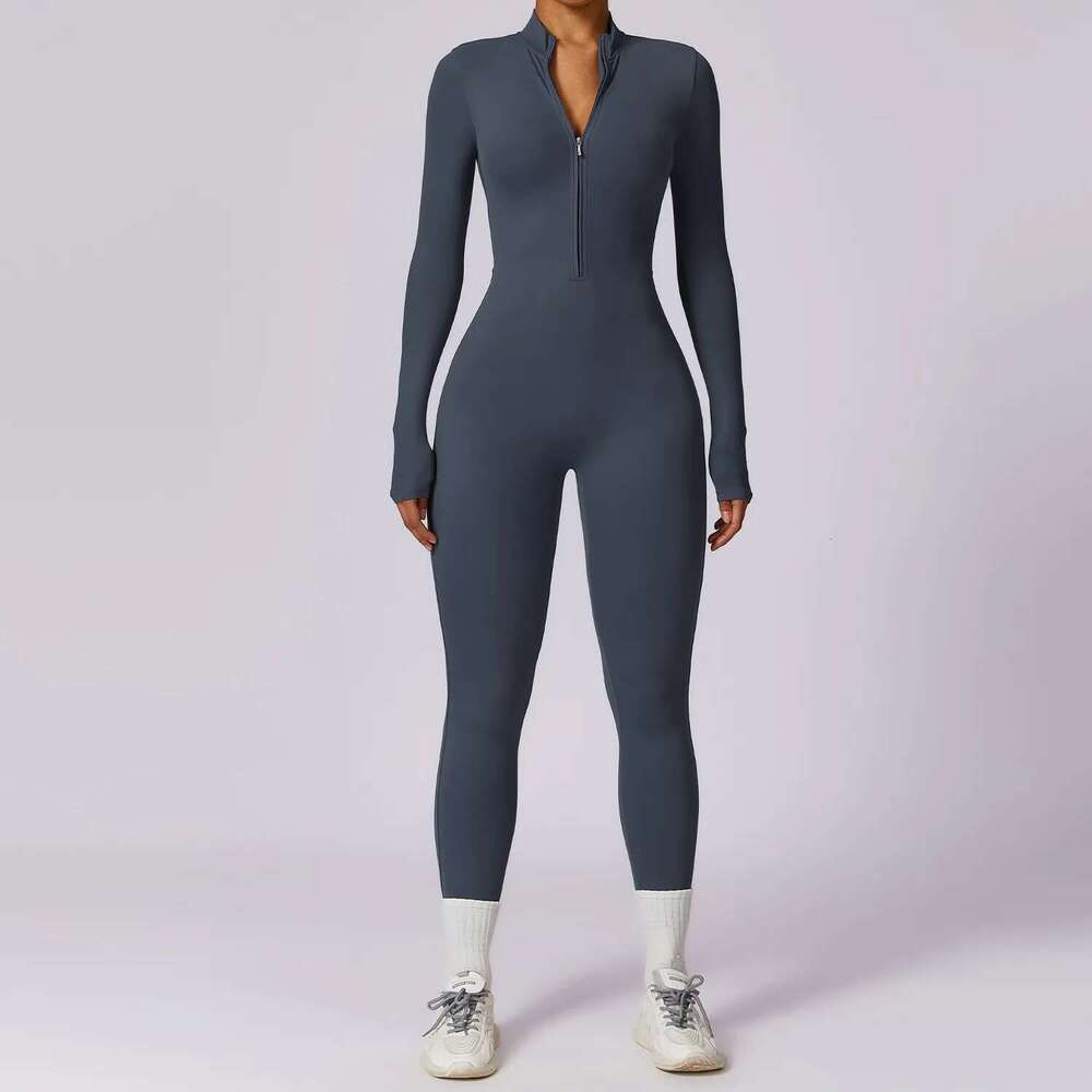 Gym Zipper Jumpsuit Yoga Boilersuit Long Sleeved Women's Sportswear Workout High-intensity Fiess One-piece Skin-tight Garment