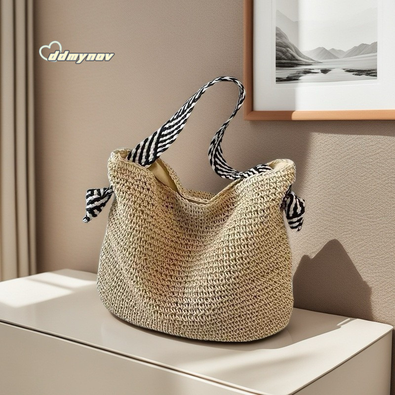 Summer Korean Style Navy Straw Woven Handmade Beach Shoulder Commuter Tote Underarm Bucket Bag ddmynov