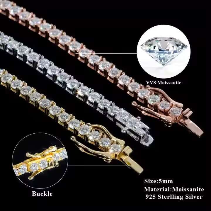 Custom Hip Hop Style Chains Moissanite 2mm 6.5mm D Color Moissanite Gemstone Necklace S925 Sterling Silver Tennis Link Chain