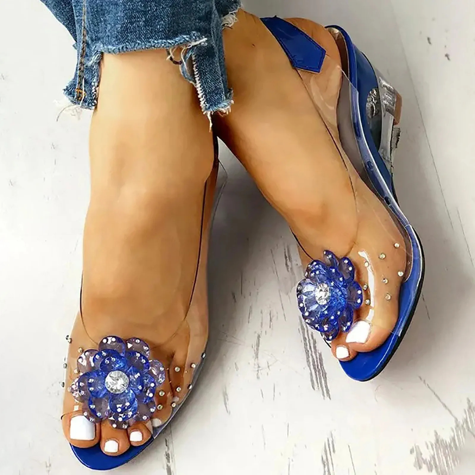 Female Shoes Leisure Transparent Crystal High Heels Diamond Slope Heel Sandals Girl Fish Mouth Shoes Womens Dressy Sandals 250610