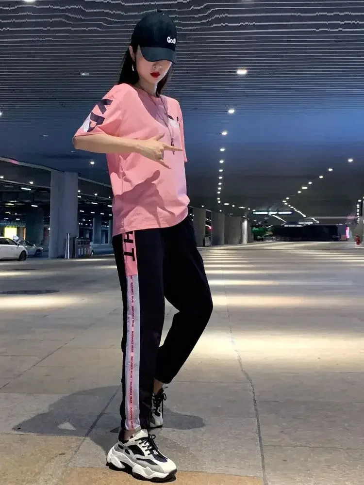 2 Pieces Sets Women Sportswear Printed T-shirt Women Sports Pants Casual Tracksuit Female Clothing 250609