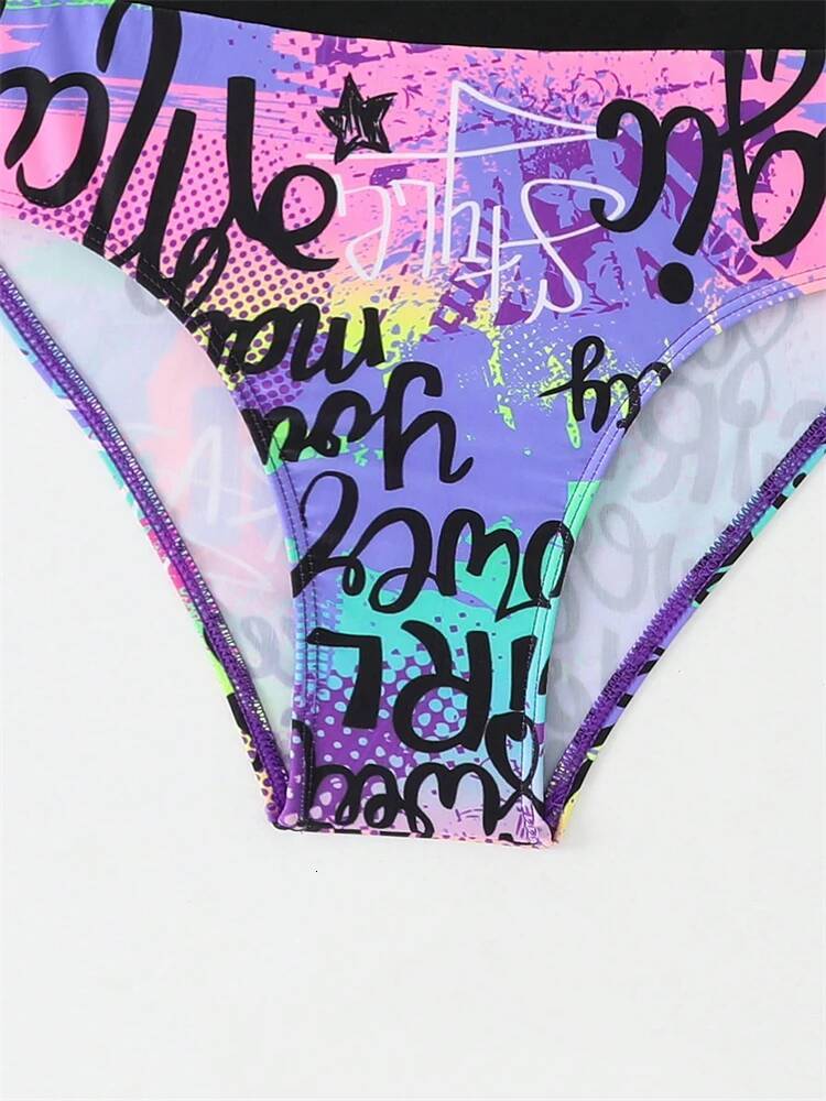 Bikini Kids Girls Swimsuit 2025 New Purple Letter Sling Mesh Long Sleeve Children Bikinis Set Swimwear Summer Beach Bathing Suit