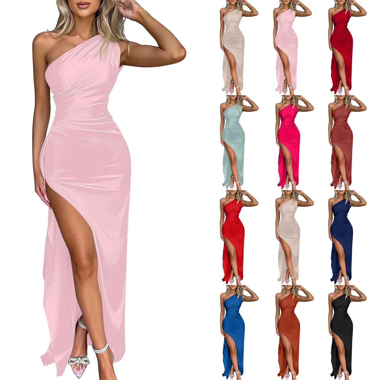 Ladies High Split Pleated Cocktail Wedding Party Dress High-end Sexy Tight One Shoulder Satin Prom Dress Bridesmaid Clothes XJ250610