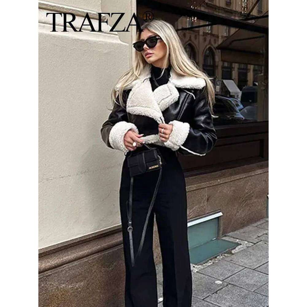 TRAFZA Women's Cropped Coat Black Wool Blends Coats Bomber Tweed Autumn Winter Leather Fur Crop Jacket