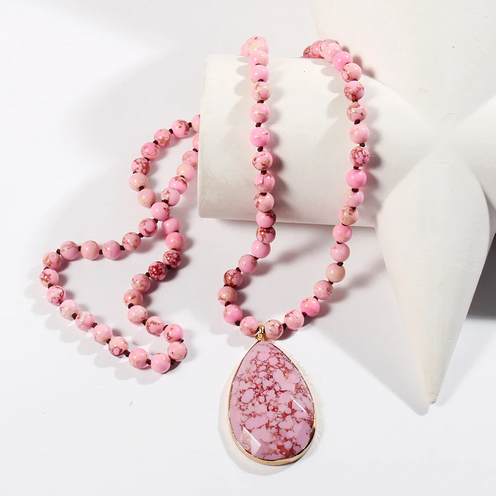 Fashion Lover Gift Lady Bohemian Jewelry Natural Gemstone 8mm Pink Imperial Stone Knotted Faced Drop Pendant Necklaces 250604