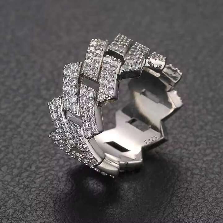 925 Sterling Silver Cuban Chain Moissanite Wedding Ring for Men Hip Hop Jewelry With Diamond and Round Cut Diamond Rings