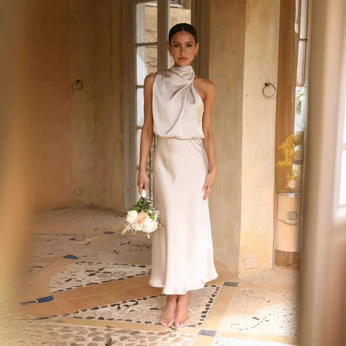 Summer High-End Silk Satin Sleeveless Long Dress Women Fashion Elegant Celebrity Dresses Evening Dress Party Clothes Ladies XJ250610